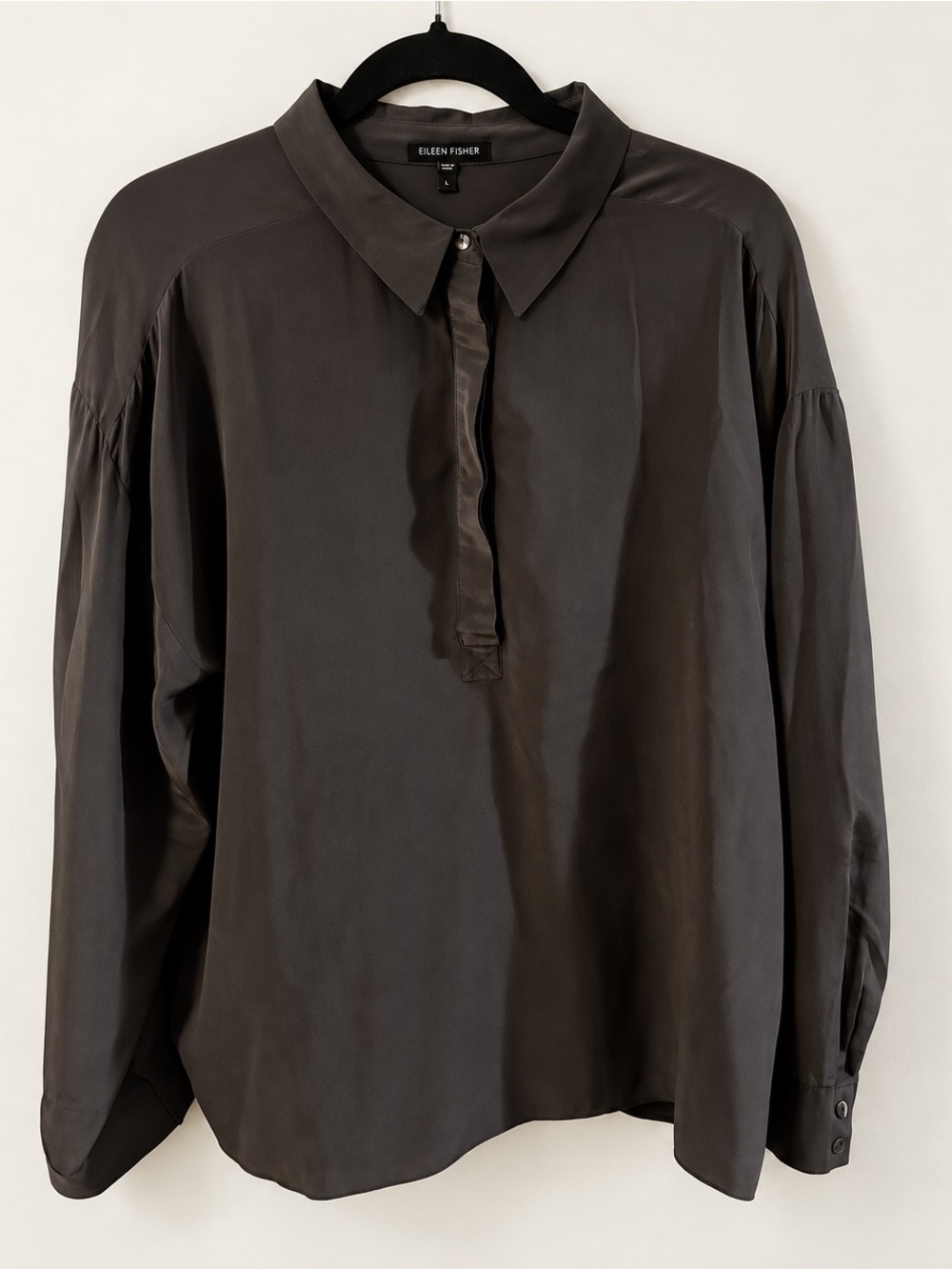 Eileen Fisher 100% Silk Charcoal Gray Collared Popover Blouse Large